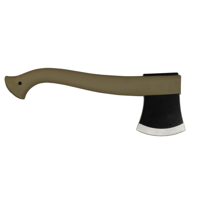 Lichtgewicht MORAKNIV-bijl met ergonomisch handvat, boriumstalen mes, zwarte ED-coating en leren randmantel voor buitengebruik.