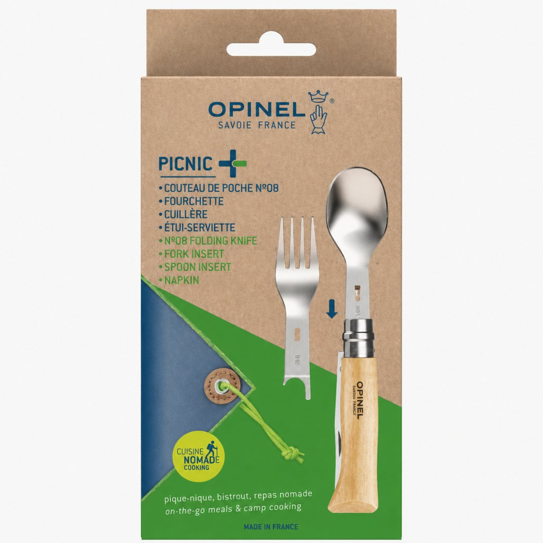 Opinel Picnic+ N°08 Bestekset Zakmes Lepel Vork Camping Beuken