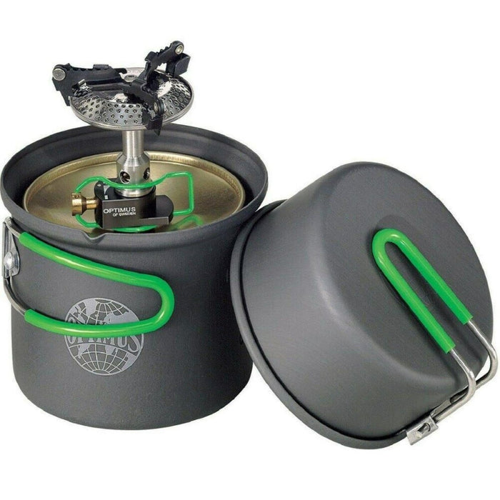 Compact OPTIMUS CRUX Lite Solo Cook-systeem met groen handvat voor lichtgewicht kamperen en wandelen buiten koken.