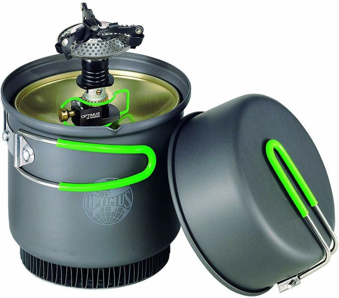 Compact Optimus Crux Weekender HE campinggasfornuis met opvouwbare brander en lichtgewicht kookgerei voor efficiënt buitenkoken.