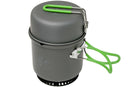 Compact gray hard-anodized aluminum camping stove and pot with green foldable handles for outdoor cooking.