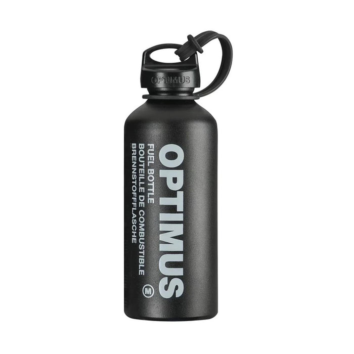 Zwarte Optimus-fles voor vloeibare brandstof met veiligheidsdop, duurzaam lichtgewicht ontwerp voor gebruik buitenshuis en veilige opslag van brandstof.