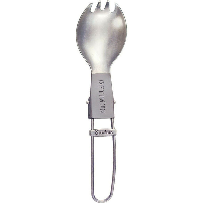 Cuillère pliée en titane combinant fourchette et cuillère, légère et durable pour la randonnée et le camping.