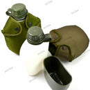 Original Norwegian military drinking flask with white bottle, olive pouch, and detachable plastic cup for outdoor use.