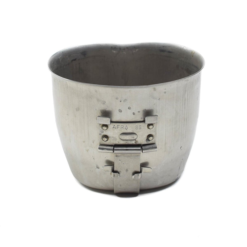 Vintage original Austrian Army stainless steel canteen cup with folding handle and military markings