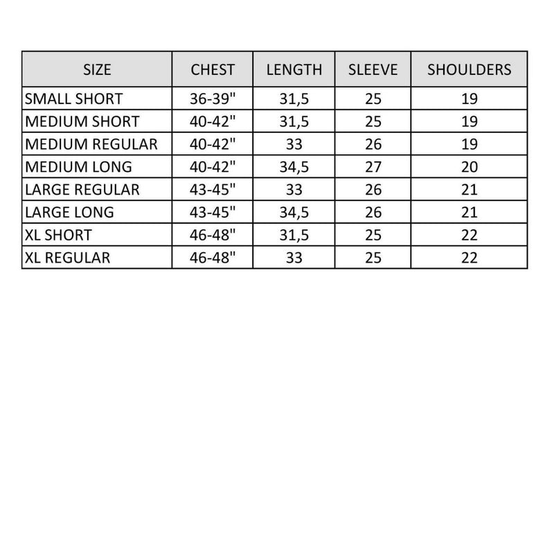 Size chart for Austrian army M65 combat jacket showing chest, length, sleeve, and shoulder measurements in inches.