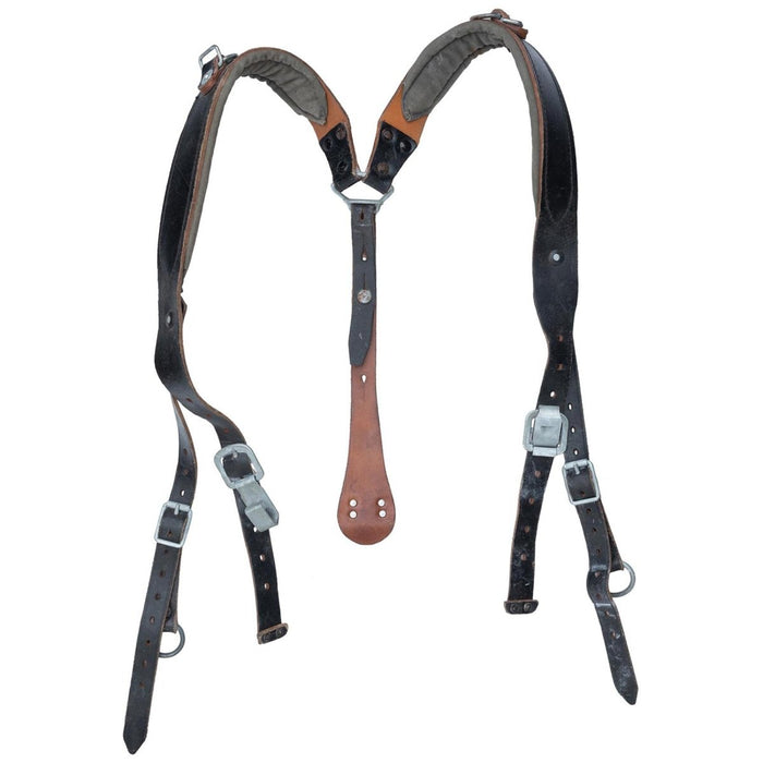 Originele Oostenrijkse leger vintage Y-Strap bretels gemaakt van duurzaam zwart leer met metalen clips en verstelbare bandjes