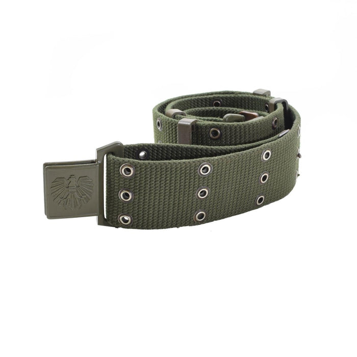 Originele Oostenrijkse militaire gevechtsriem van olijfgroen canvas met Alice-bandbevestiging en metalen gesp.