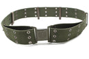 Original Austrian military combat belt in olive drab canvas with Alice webbing and metal buckle showing eagle insignia.