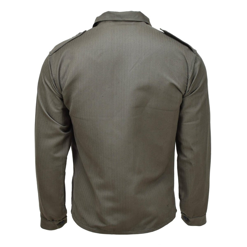 Back view of vintage Austrian M59 olive military field jacket with long sleeves and shoulder epaulettes