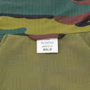 Close-up of Original Belgian Army field combat shirt label sewn on jigsaw camouflage ripstop fabric in XXL size
