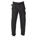 Black Belgian military work cargo pants with reinforced knees and multiple pockets for durability and functionality