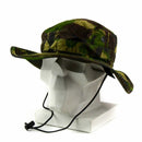 British Army boonie cap in woodland camo with vent holes and chin strap for sun protection and comfort.