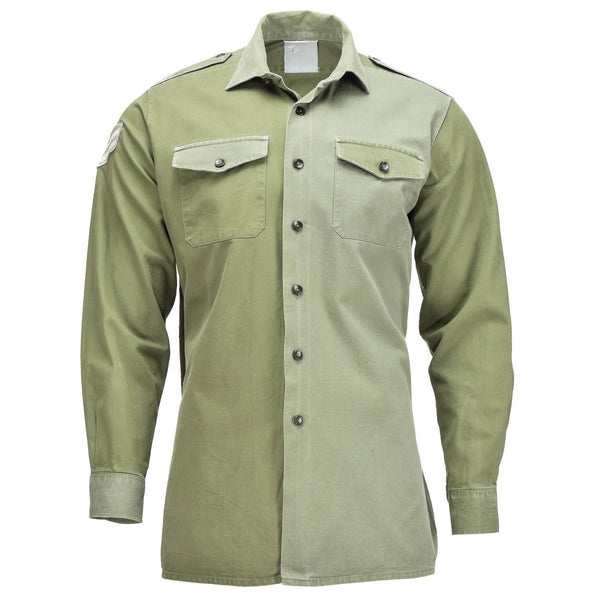 Original British Army olive green long sleeve military service shirt with button cuffs and chest pockets