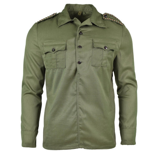 Original Bulgarian army green olive jacket with epaulets, button front, and buttoned cuffs, military style new combat shirt
