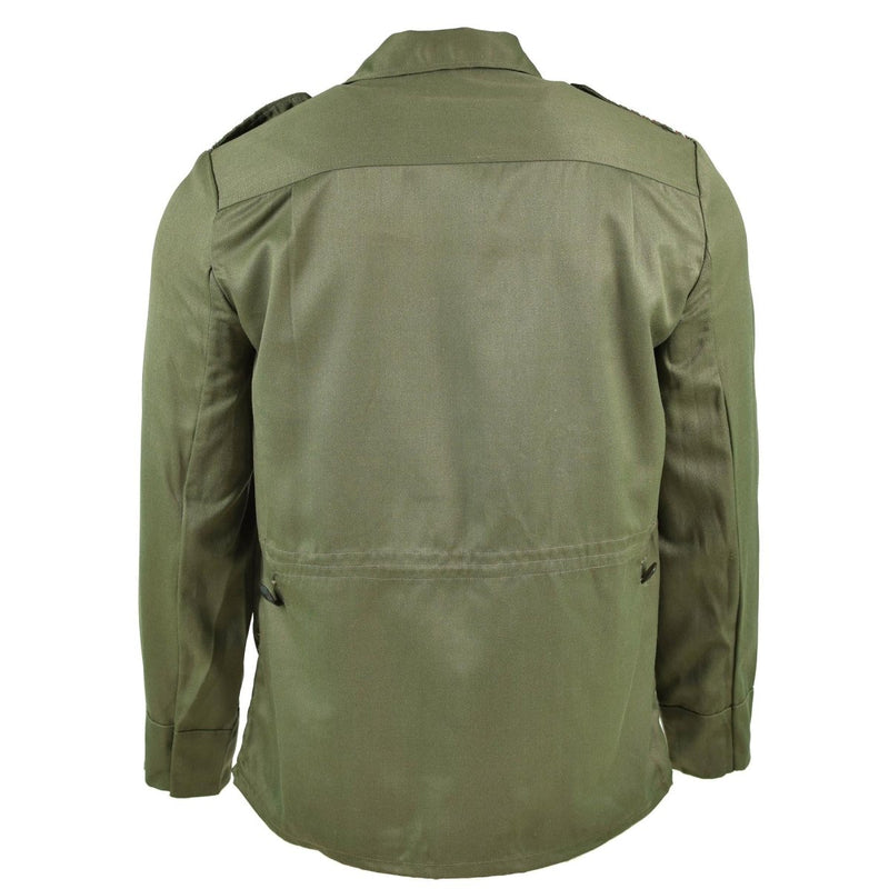 Back view of original Bulgarian army green olive jacket with buttoned cuffs and shoulder epaulets.