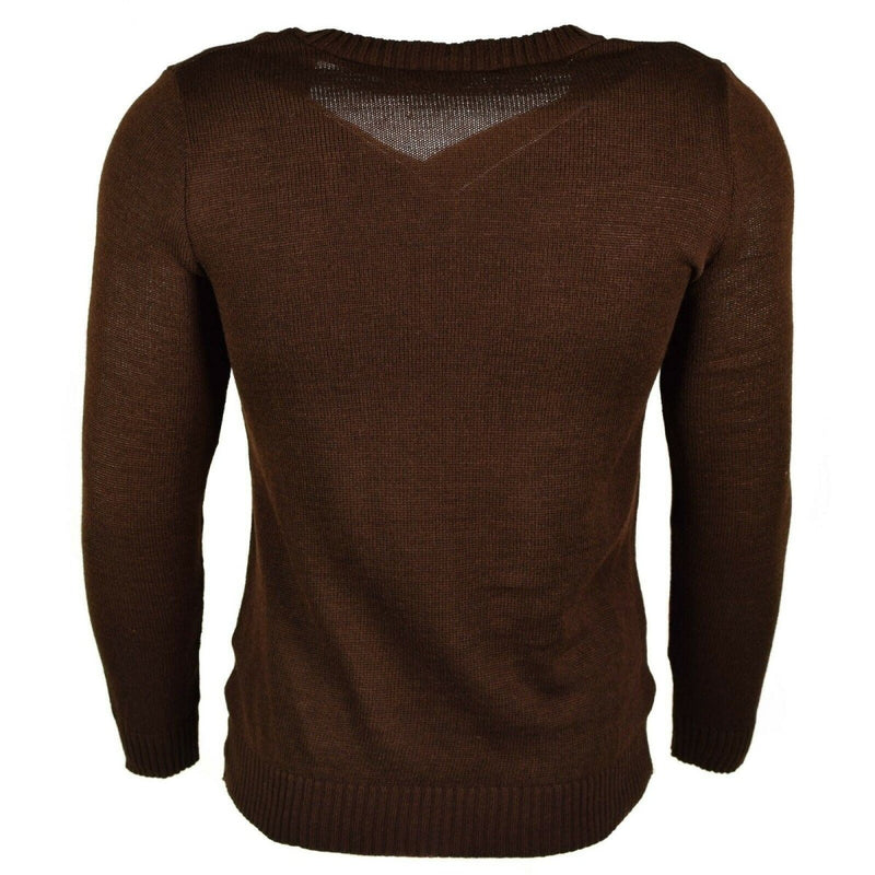 Back view of original Bulgarian army brown V-neck pullover sweater with ribbed cuffs and hem, durable knit fabric.