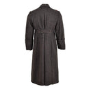 Back view of original Bulgarian military wool long overcoat in vintage gray with buttoned back detail and cuffed sleeves