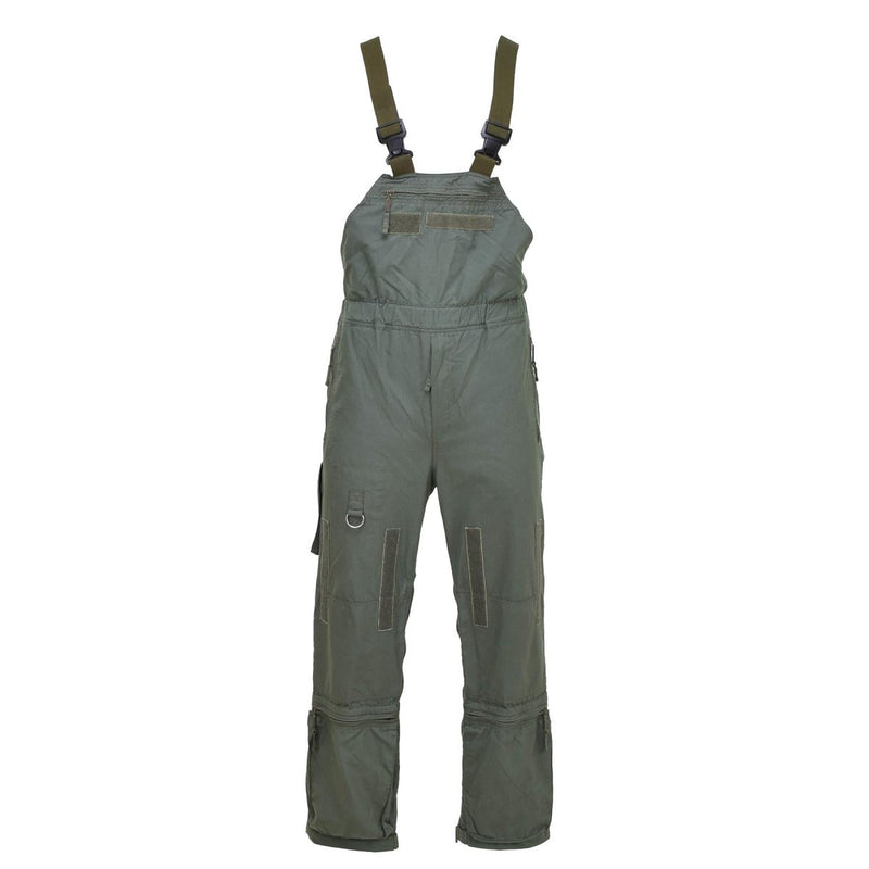 Olive green flame-resistant aramid bib pants with adjustable straps and multiple cargo pockets for rugged military use.