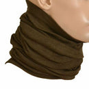 Original Czech army brown tube scarf worn around neck for warmth and protection in cold weather conditions.