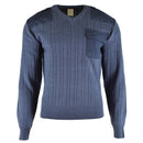 Original Czech army blue wool V-neck sweater jumper with chest pocket and reinforced shoulders, new military surplus design
