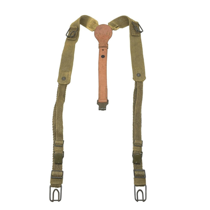 Originele Tsjechische Y-Strap bretels gemaakt van duurzaam olijfkleurig canvas met leren verstevigingen voor militair gebruik.