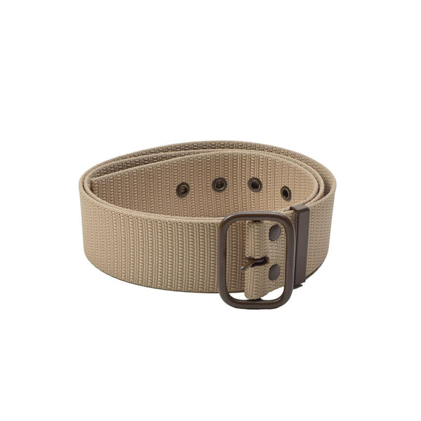 Original Czech military tactical canvas belt in khaki with a durable brown metal buckle, designed for rugged use.