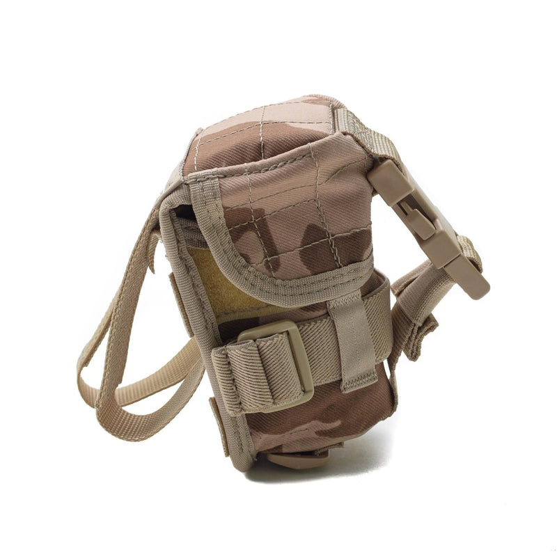 Original Czech Republic military grenade pouch in desert camo with MOLLE straps and buckle closure for tactical use