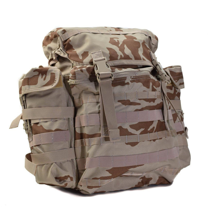 Original Czech Republic military 30l desert camo backpack with MOLLE system, quick-release straps, and large side pockets