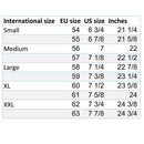 Size chart for Danish military M84 camo boonie hat showing international, EU, US sizes, and hat circumference in inches.
