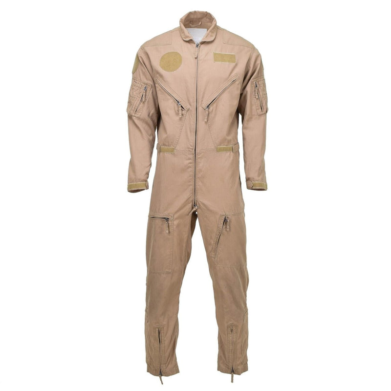 Original Dutch Army Air Forces khaki aramid flight suit coverall with multiple pockets and adjustable cuffs for durability and comfort