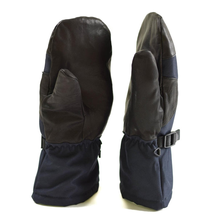 Mitaines bleu marine originales de l'armée néerlandaise avec poignée en cuir et poignet réglable, conçues pour les temps extrêmement froids.