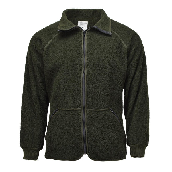 Olive green Dutch military fleece jacket with full zipper, stand-up collar, elastic cuffs, and warm soft thermal fabric.