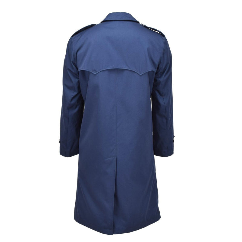 Back view of original Dutch Military men's raincoat with quilted liner in solid blue trench coat style