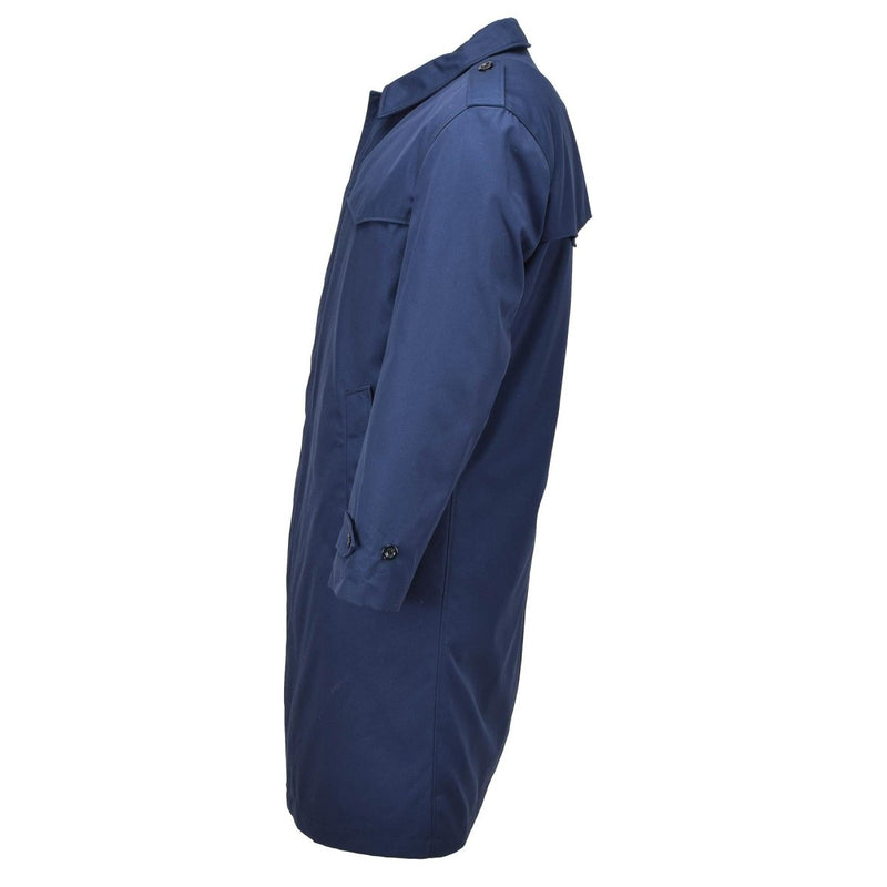 Side view of original Dutch military solid blue raincoat with quilted liner and buttoned cuffs