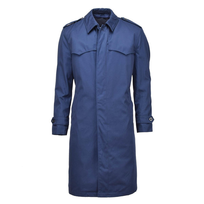 Originele Nederlandse Militaire heren blauwe trenchcoat regenjas met gewatteerde voering, duurzaam en waterbestendig voor barre weersomstandigheden.