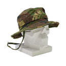 Dutch military DPM boonie hat with wide brim and chin strap in woodland camouflage on white mannequin head