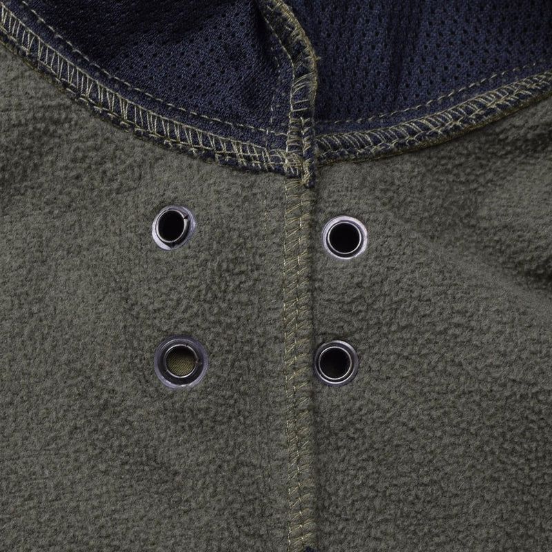 Close-up of olive Dutch military soft shell jacket showing vented armpit mesh and reinforced stitching details