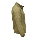 Side view of an olive green Original Dutch Military soft shell jacket with zippered pockets and vented armpits.