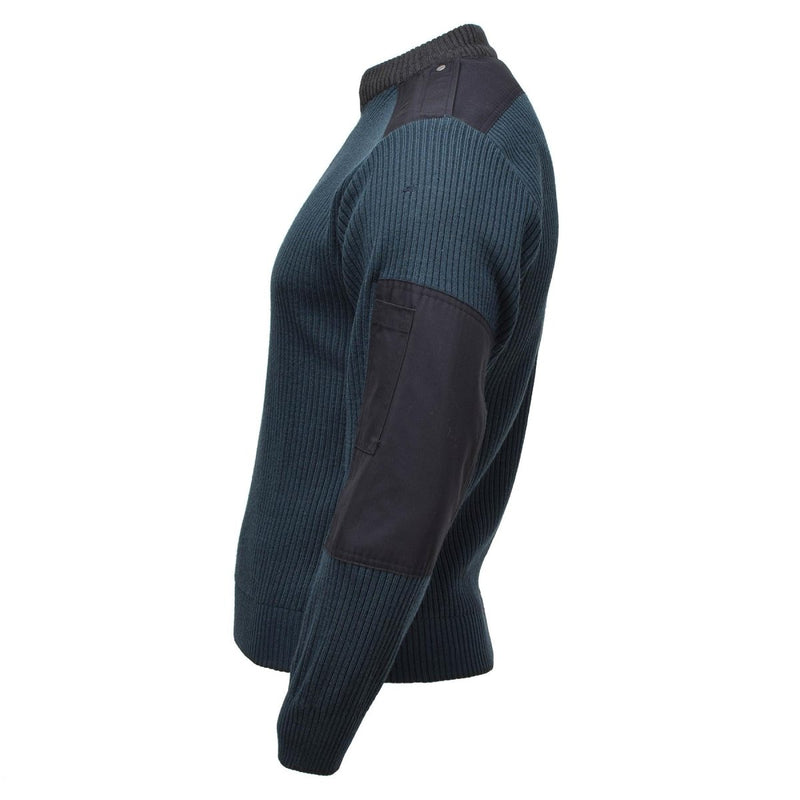 Side view of original Dutch military blue rib-knit troyer pullover sweater with reinforced elbow patches and quarter zip collar