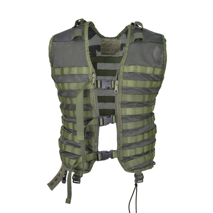 Gilet tactique MOLLE vert original de l'armée néerlandaise avec épaules renforcées, bretelles réglables et panneaux en maille respirante.