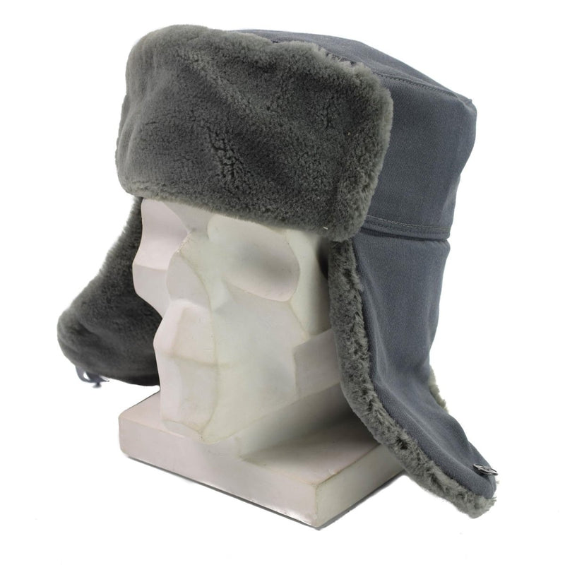 Original East German army officer winter ushanka hat with faux fur lining and ear flaps for cold weather protection