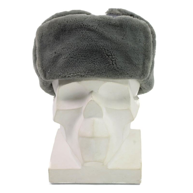Original East German army officer winter ushanka hat with gray faux fur trim for cold weather warmth and protection