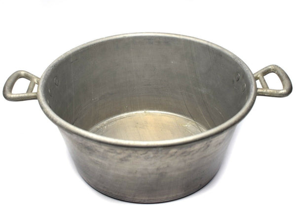 Large vintage aluminum French Army cooking pot with dual handles, ideal for outdoor and military-style cooking.