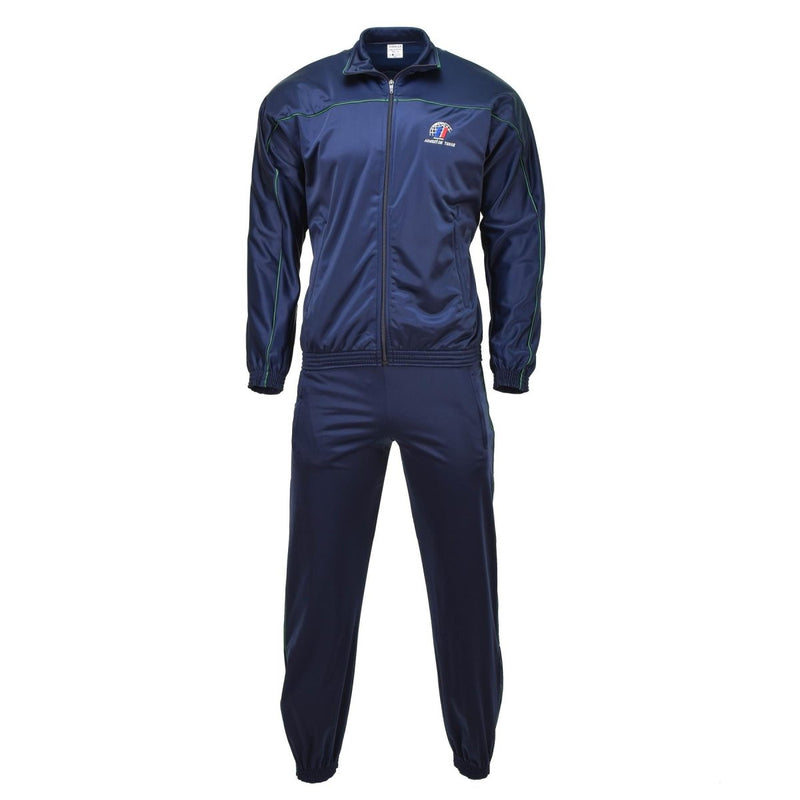 Original French army blue tracksuit with zip-up jacket and elastic cuffs, designed for activewear and sports performance.