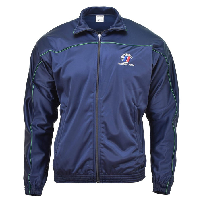 Origineel Frans legerblauw trainingsjack met volledige ritssluiting, elastische manchetten en ademende lichtgewicht stof.