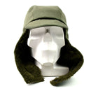 Original French army winter hat with insulated earflaps, military surplus cold weather paratrooper field hat in olive green.