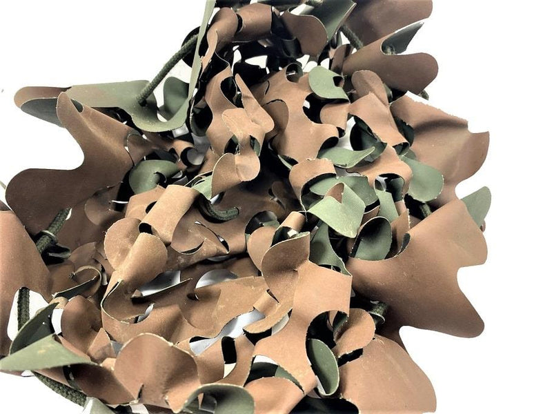 Original French military helmet camouflage cover in olive brown and green with adjustable cord and metal clips for secure fit