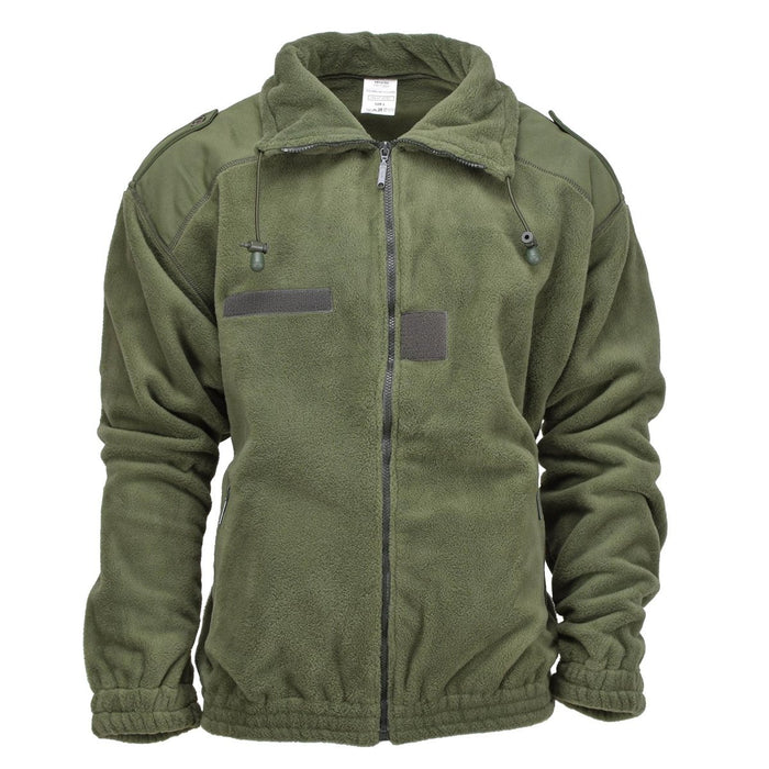 Origineel Frans militair olijfgroen fleecejack met hoge hals, versterkte ellebogen en verstelbare kraag voor buitenwarmte.