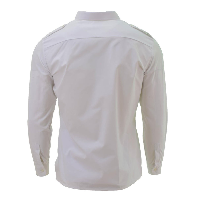 Back view of original French military navy white long sleeved formal dress shirt with structured fit and epaulets.